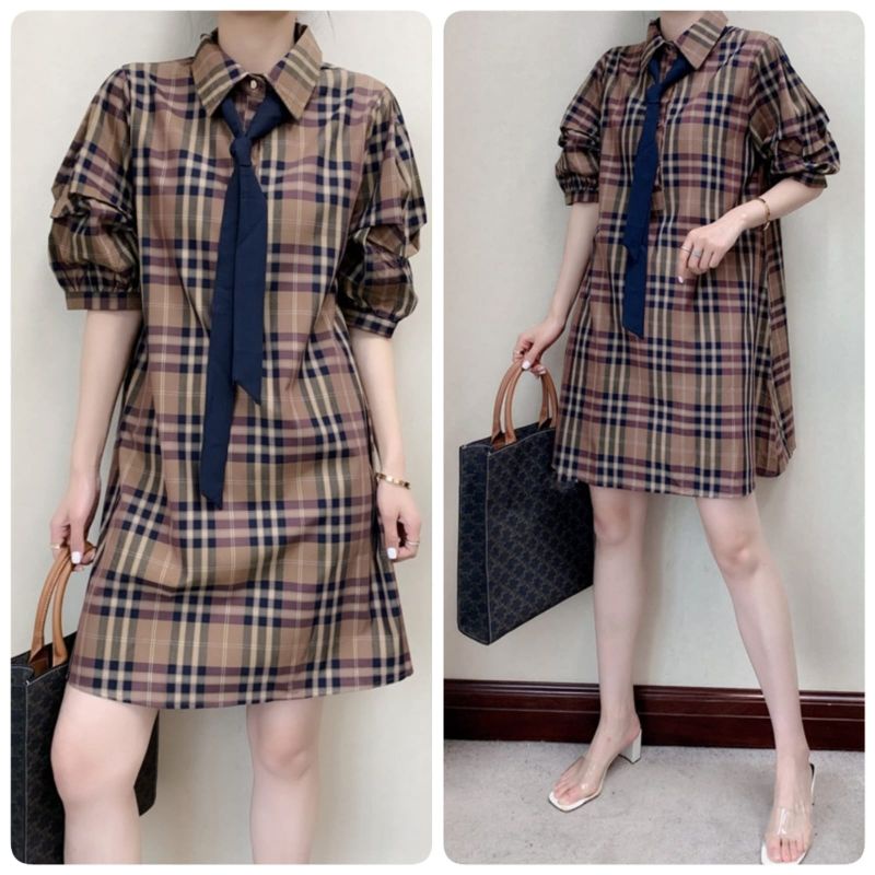 MDLV ~ 1814# Brown BB Tie Neck Mini Dress Import Dress Kotak Korea Fashion import