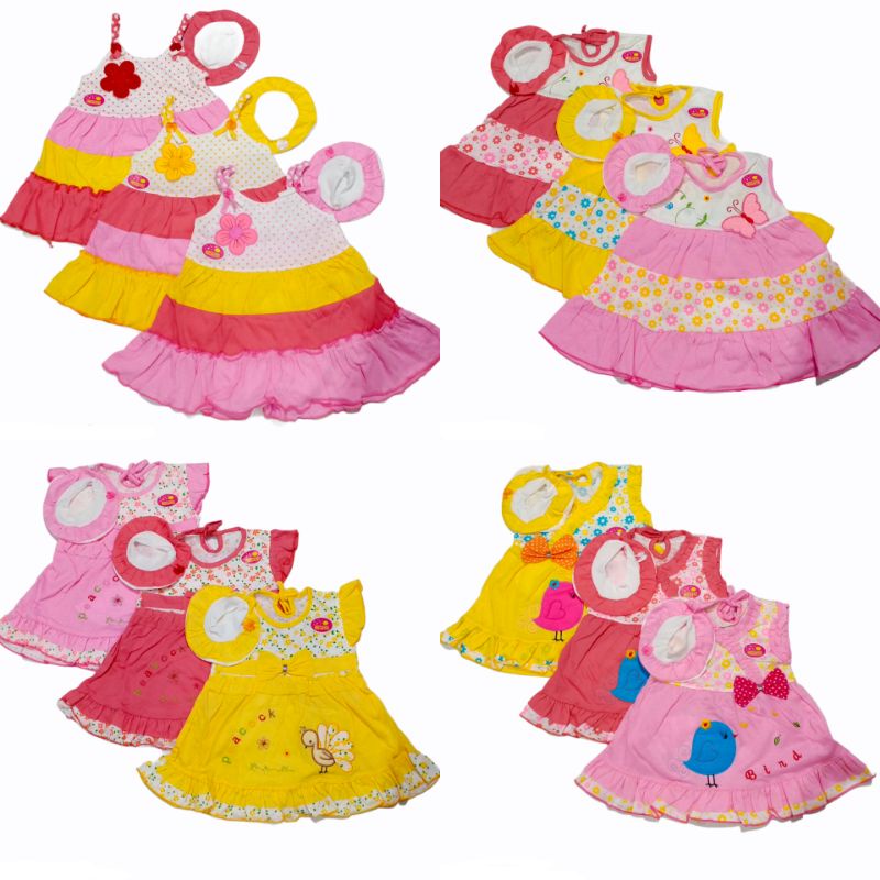 Dress Revita Topi / Baju dress Bayi Perempuan / Baju Baby Murahh ( 0-10 bulan )