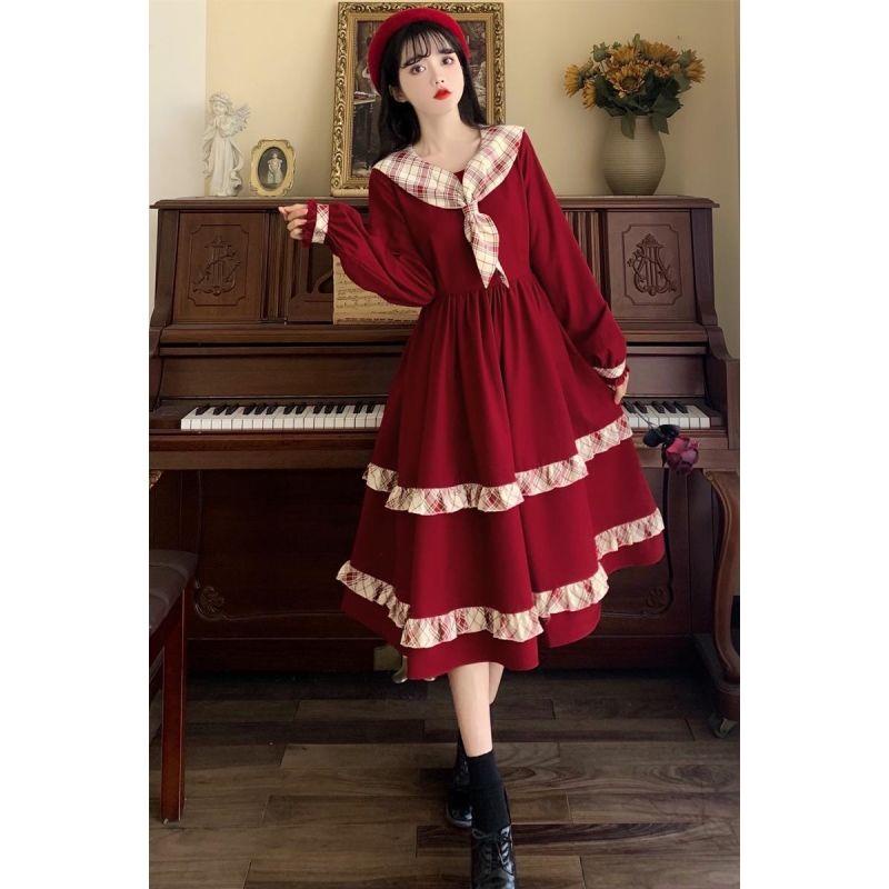 2021 college style minority wine red dress Japanese sweet girl autumn and winter age reduction antiq