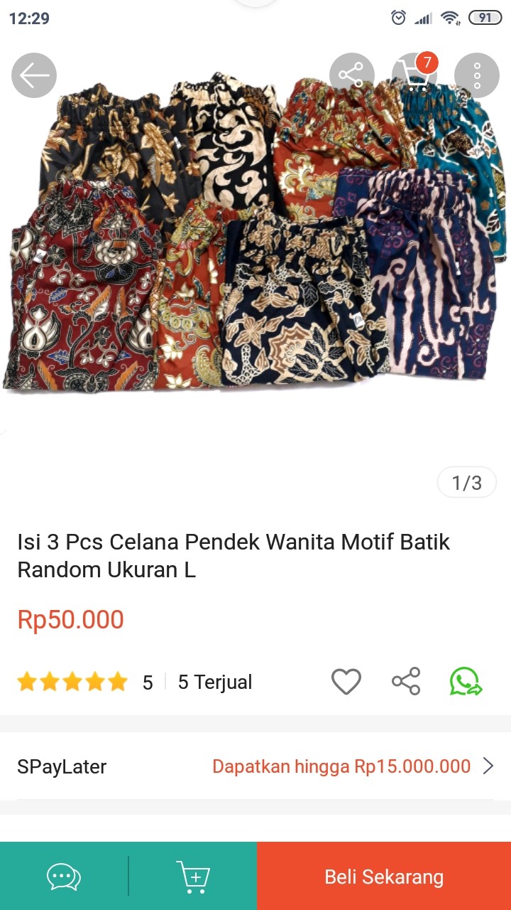 Isi 3 Pcs Celana Pendek Wanita Motif Batik Random Ukuran L