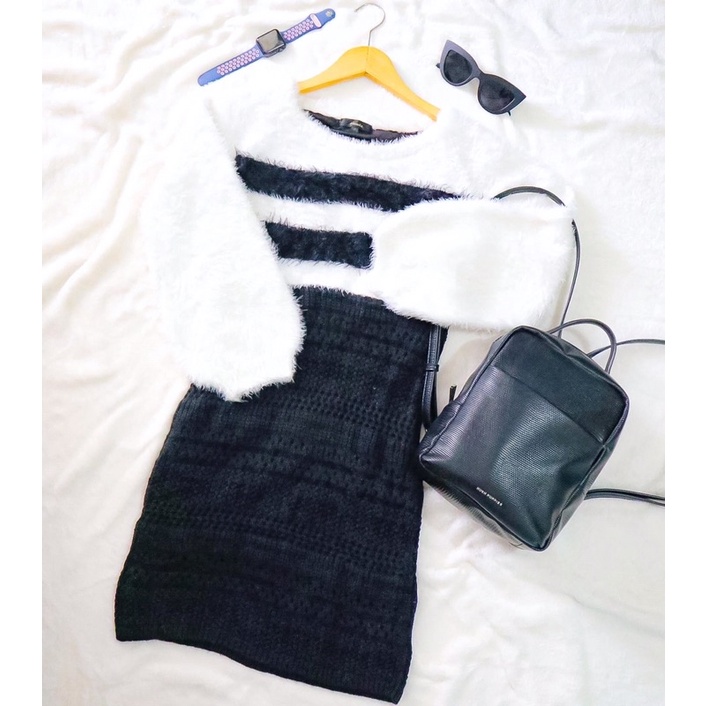 Mini Dress Fuzzy Knit Tangan Balon