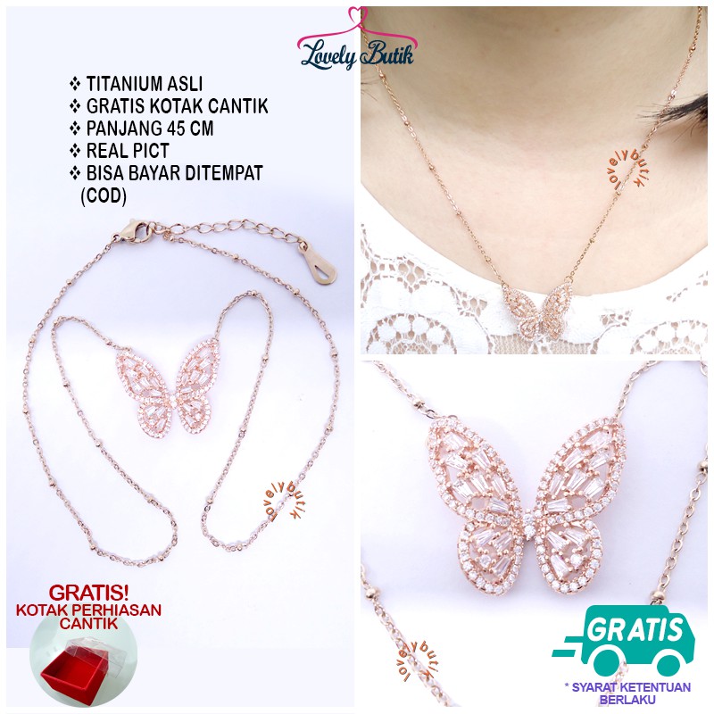 Lovelybutik Kalung Titanium Anti Karat Mona Kalung Kupu Titanium Ukuran 45 Cm Rantai Biji Lada