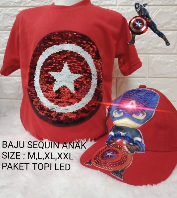 Kaos led motif superhero free topi led bisa menyala