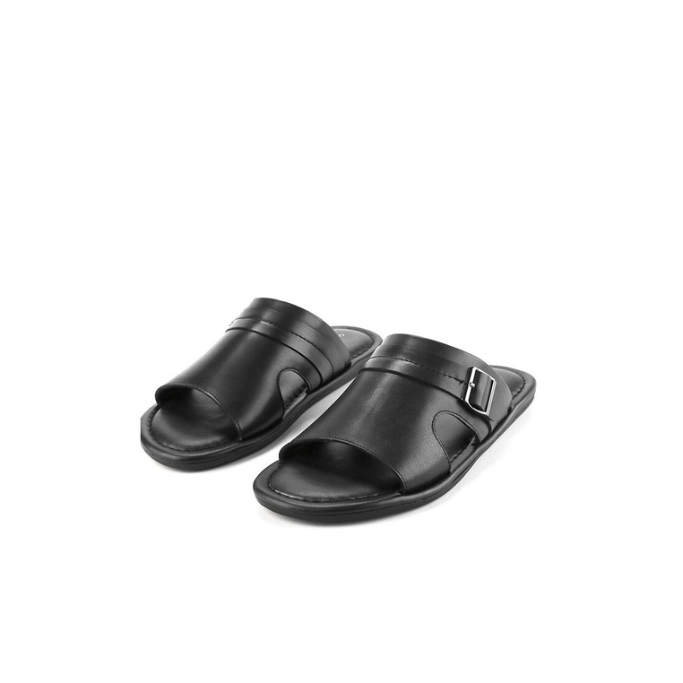 SANDAL SLIDE KULIT OBERMAIN PRIA ORIGINAL CASUAL BRANDED HITAM OM13