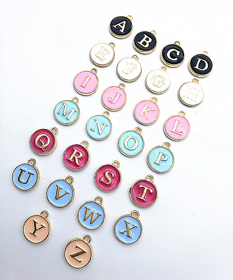 26pcs Alphabet Pendant Alloy &amp; Enamel Charms Round Alphabet Beads Letters Bead Pendants Jewelry Making Accessories DIY 12*14MM