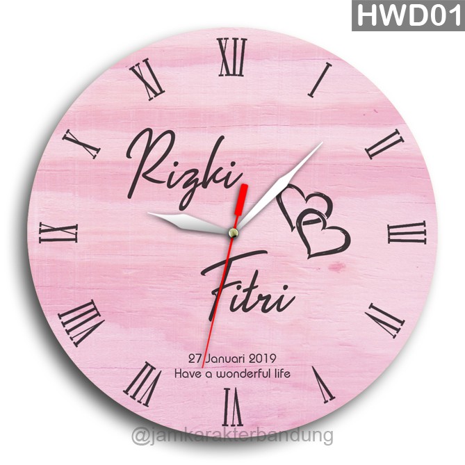 JAM DINDING KAYU CUSTOM NAMA FOTO HADIAH PERNIKAHAN UNIK KADO NIKAH NIKAHAN WEDDING ULANG TAHUN LUCU-Merah Muda - 20 cm