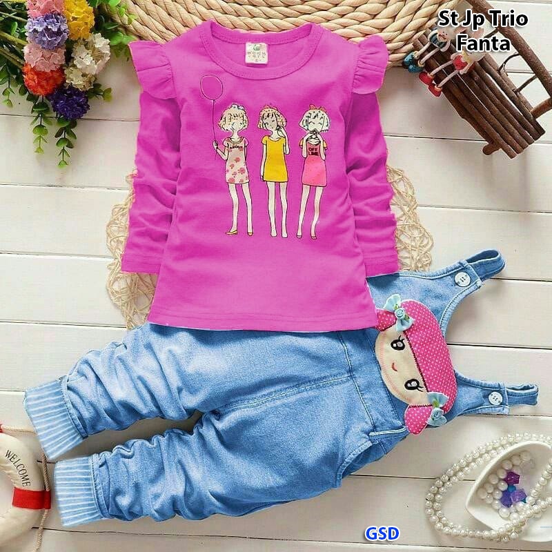 St jp trio/Setelan Jumpsuit Anak Cewek / Jumpsuit Katun Denim Anak Usia 4-7 Tahun / Pakaian Anak Kecil