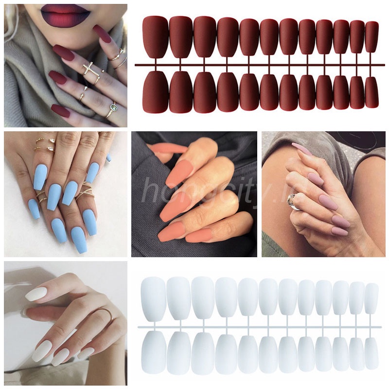 24 Pcs / Set Kuku Palsu Warna Solid Matte Bahan Akrilik Bentuk Trapesium Untuk Nail Art