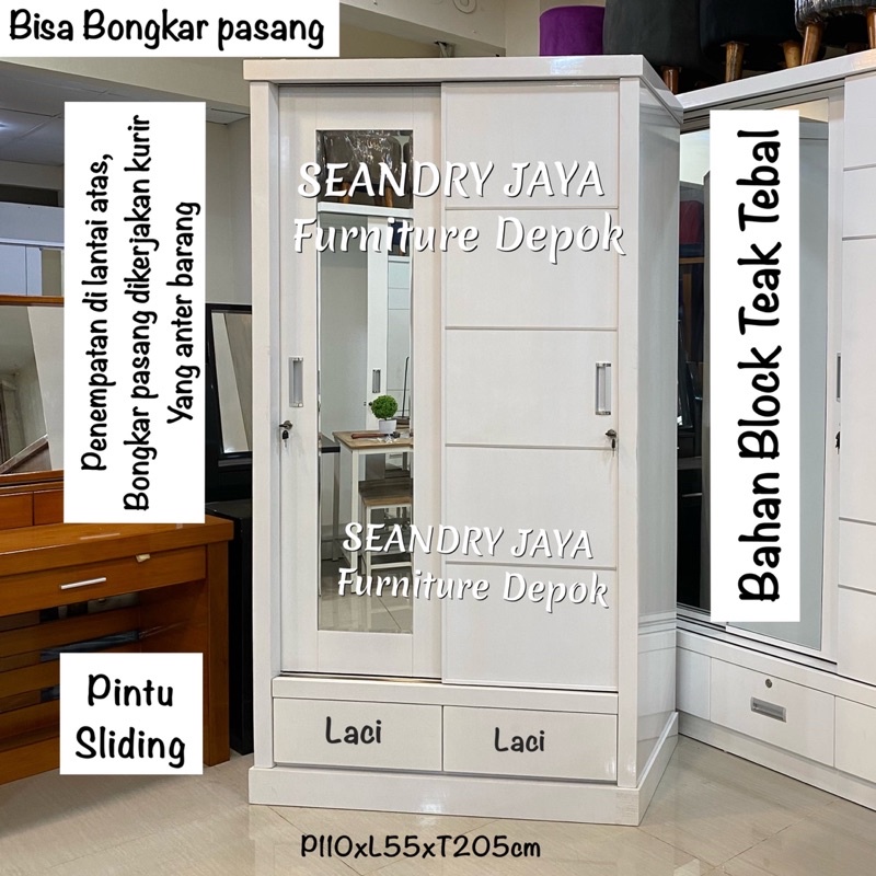 LEMARI PAKAIAN SLIDING MINIMALIS PUTIH 2PINTU/KNOCK DOWN/BONGKAR PASANG/KAYU/Halus rapi kokoh kuat/S