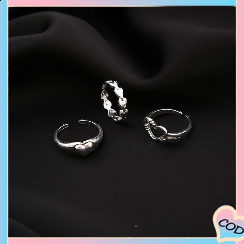 COD❤️3pcs Cincin Model Terbuka Desain Gelombang Hati Warna Silver Gaya Vintage Untuk Wanita-A.one