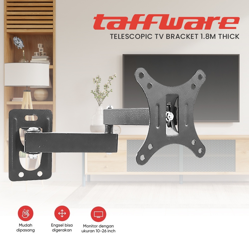 Taffware Telescopic TV Bracket 1.8m Thick 100x100 Pitch for 10-26 Inch TV - A2 - OMBV06BK Black