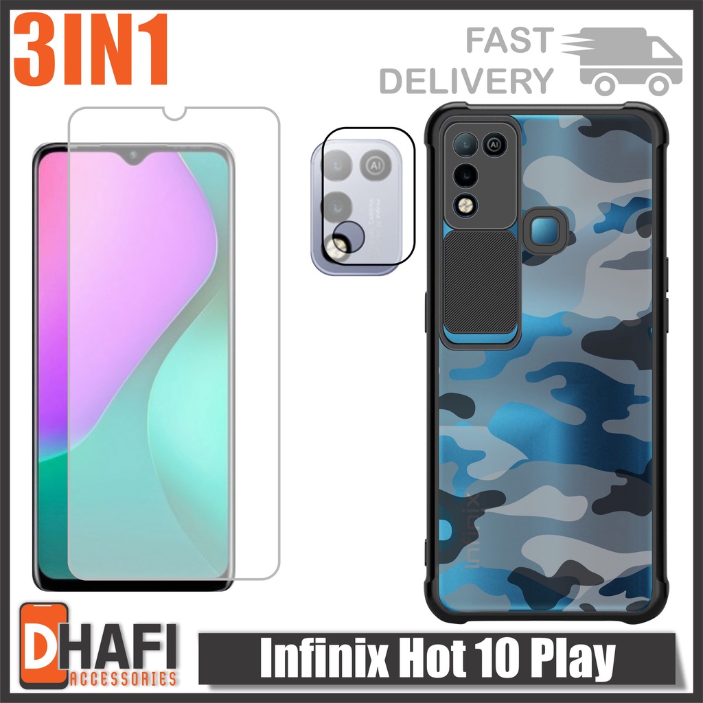 Case Infinix Hot 11 Play / Hot 10 Play Paket 3in1 Softcase Slide Army Free Tempered Glass Dan Temper