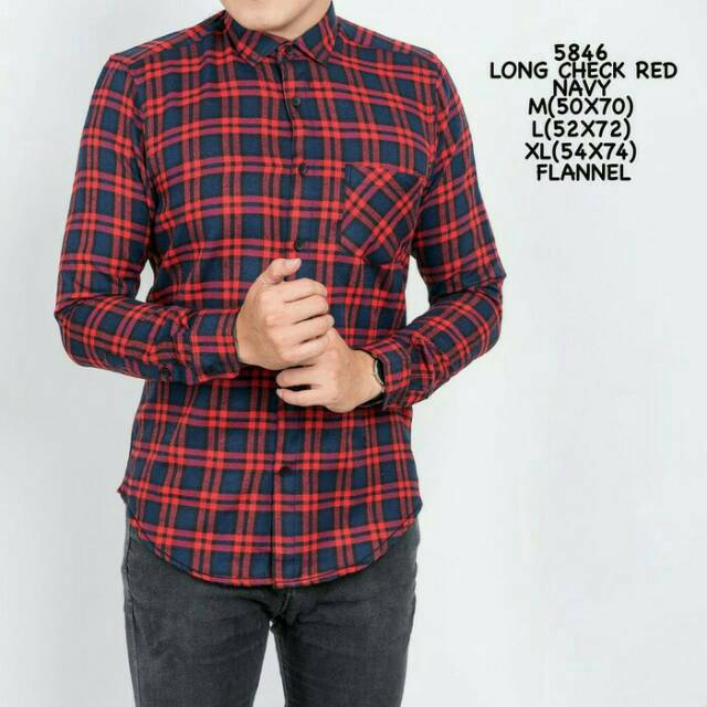 Kemeja Tartan Kotak Navy Biru Lis Merah Gaya Cowo Keren