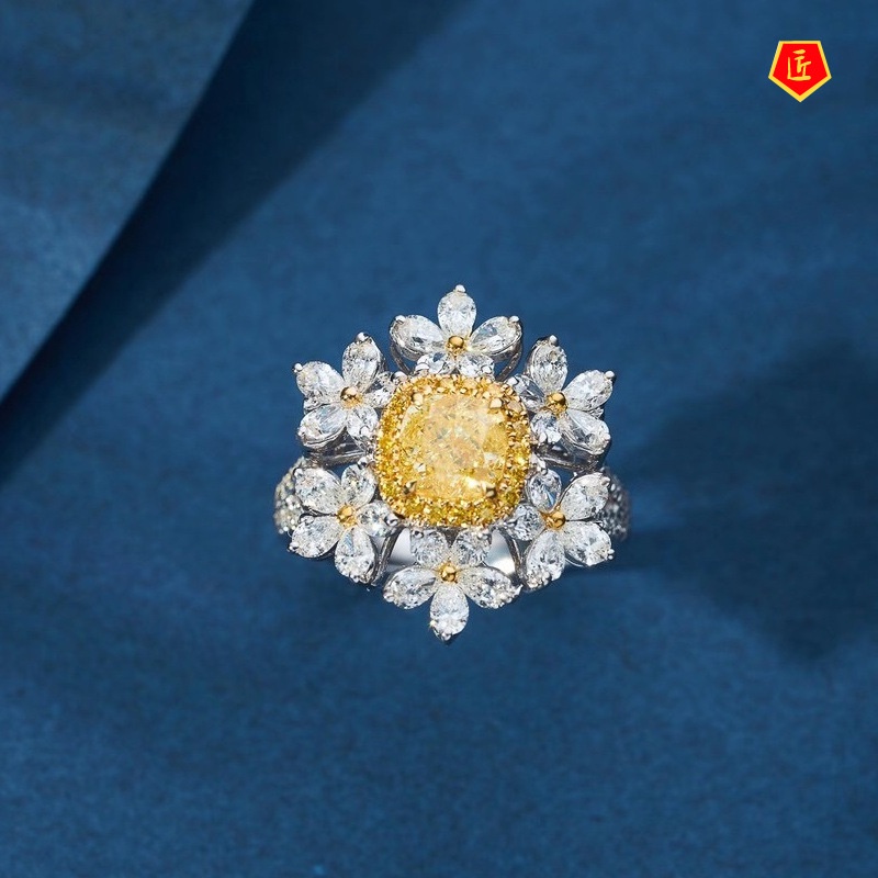 [Ready Stock]Light Luxury Yellow Diamond Flower Ring