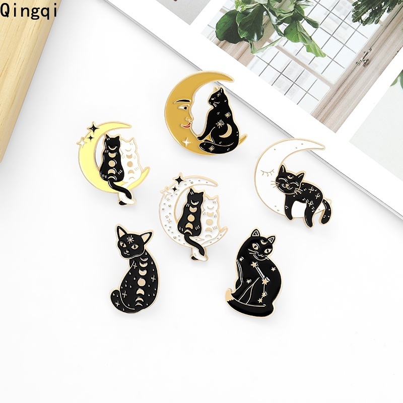 Bros Pin Enamel Desain Kartun Kucing Hitam Kucing Bulan Untuk Hadiah