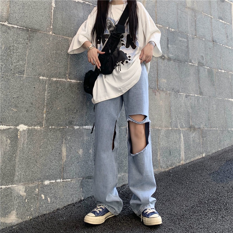 New high waist kekinian celana ripped jeans wanita