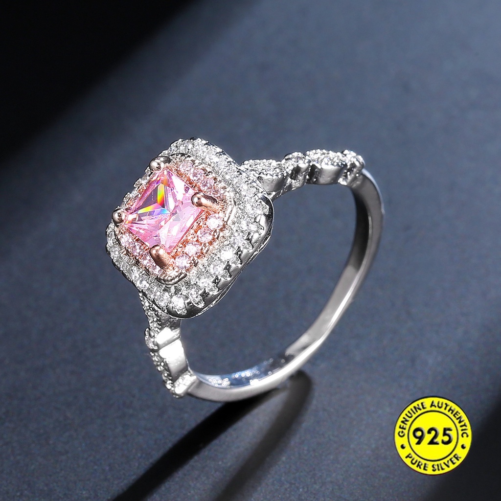 S925 Silver Ring Pink Color Gold Micro-Inlaid Square Diamond Female