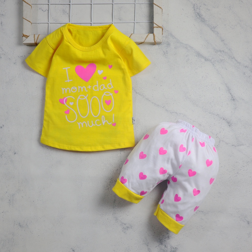 Motif I Love Mom Dad / Setelan Baju Bayi / Anak Bayi Perempuan / Anak Bayi Cewek Usia 0 Bulan - 3 Tahun Baju Setelan Anak