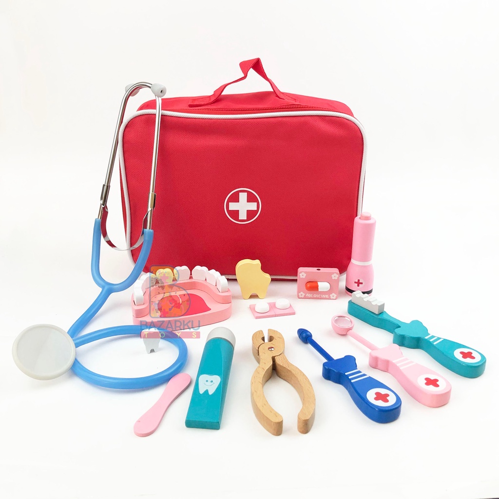 Wodden Doctor Bag Set Dokter Dokteran Mainan Anak Lengkap Mainan Dokter Set Wooden Toys Mainan Kayu Mainan Dokter Gigi Mainan Dokter Gigi Anak