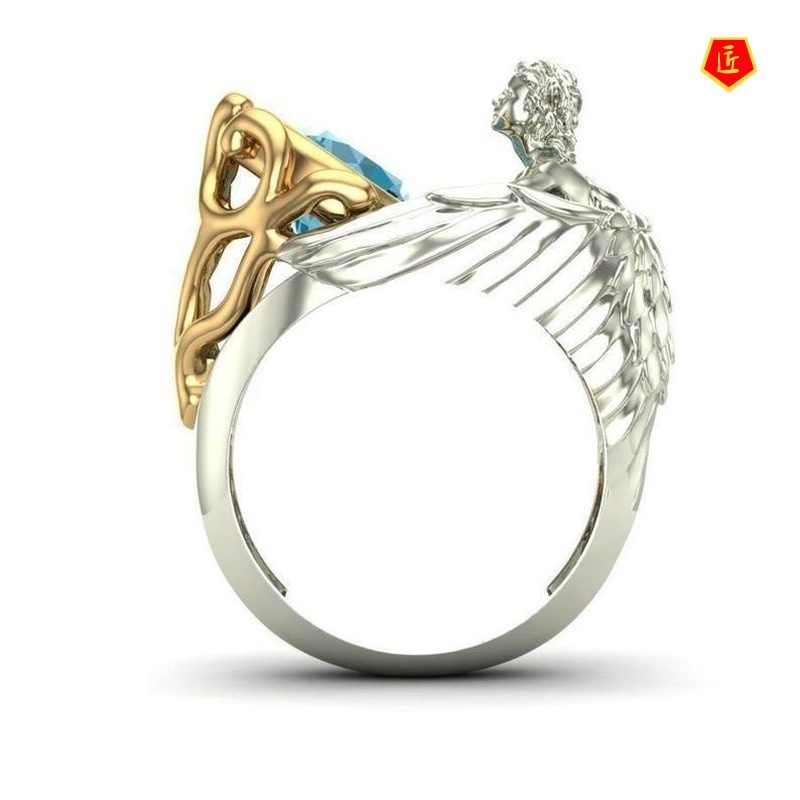 [Ready Stock]Personalized Navy Blue Topaz Angel Wings Ring