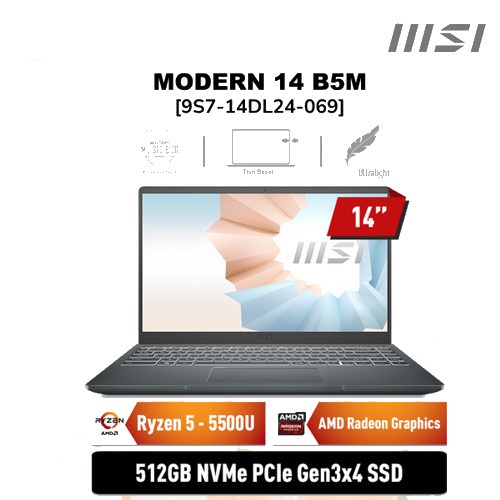 MSI Modern 14 B5M (9S7-14DL24-069) /AMD Ryzen 5-5500U/8GB/512GB SSD/14″/Win 11 Home/Carbon Gray