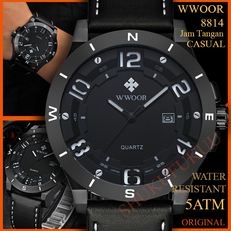 WWOOR 8814 Jam Tangan Kulit Pria Kasual Black White Original