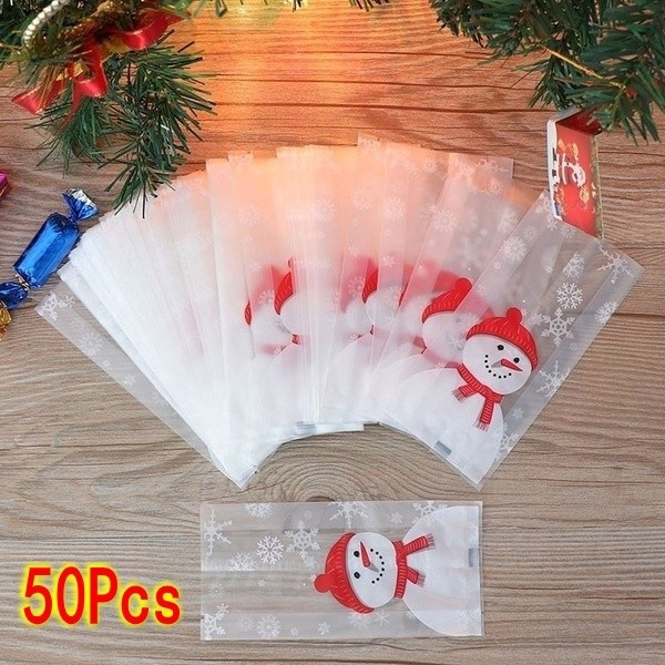 50pcs Christmas Biscuit Packaging Bags Cute Snowman Cookies Snack Gift Bag Baking Bags