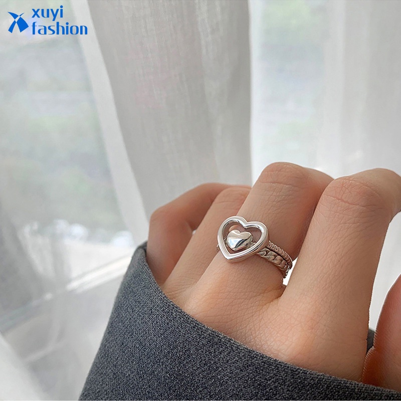 2pcs / Set Cincin Model Terbuka Desain Hati Warna Silver Gaya Elegan Untuk Wanita