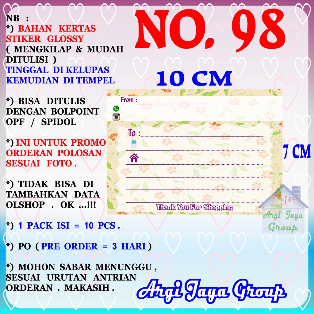 

Promo!Stiker Label Pengiriman Polosan No = 98 (10x7cm) 1 Pack = 10 Pcs
