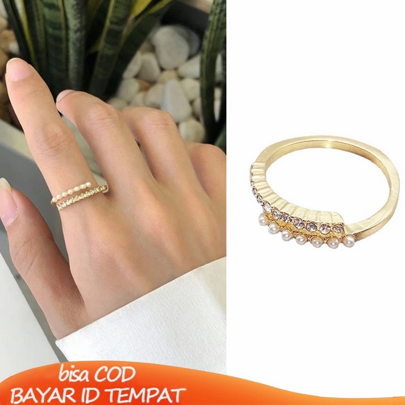 COD Cincin Mutiara Berlian Sederhana Manik-Manik Unik Gaya Retro Untuk Wanita Cincin Jari Telunjuk yang Dipersonalisasi Fashion Accessories