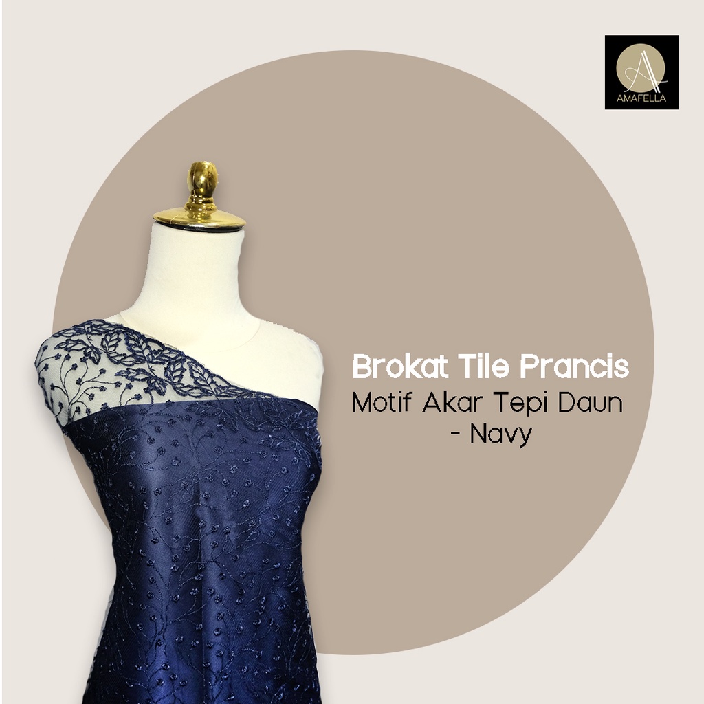 1/2 meter Kain Brokat Tile Prancis Bahan Kebaya Motif Akar Navy Blue