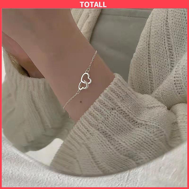 COD Double Heart Shape Fashion Indah Mengkilap Manis Gelang Perhiasan Wanita-Totall