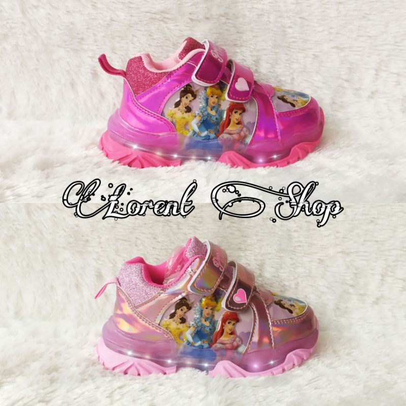 Sneakers Anak Perempuan LED Karakter Princess Premium import / Sepatu Sekolah TK / Sepatu Sport lamp