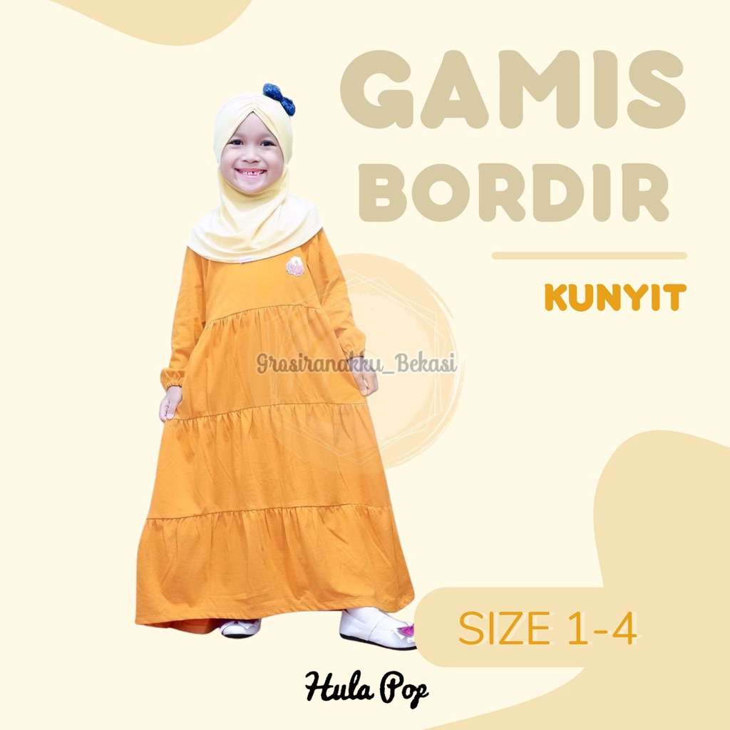 Gamis Kaos Anak Aplikasi Bordir Warna Kuning Kunyit Size 1-4Thn