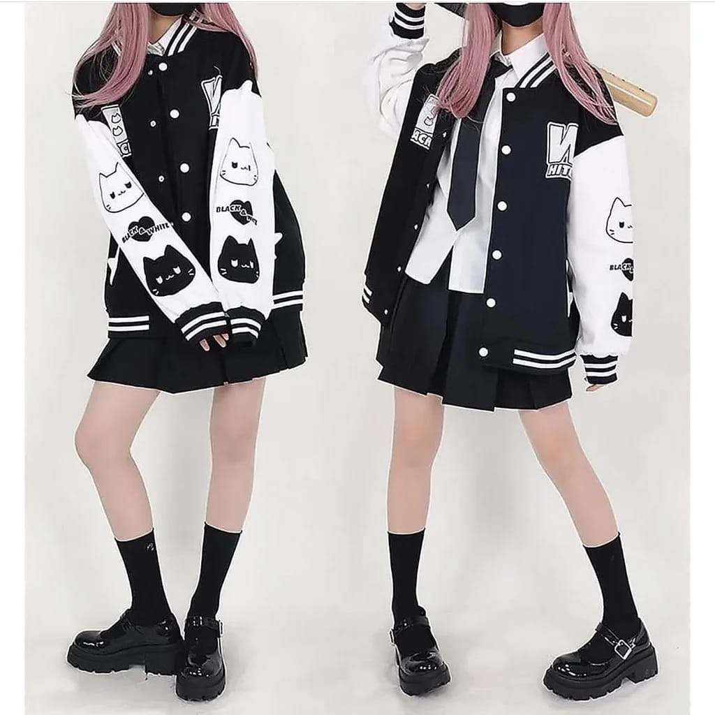 BLACK WHITE CUTE CAT JACKET BASEBALL (MRC)