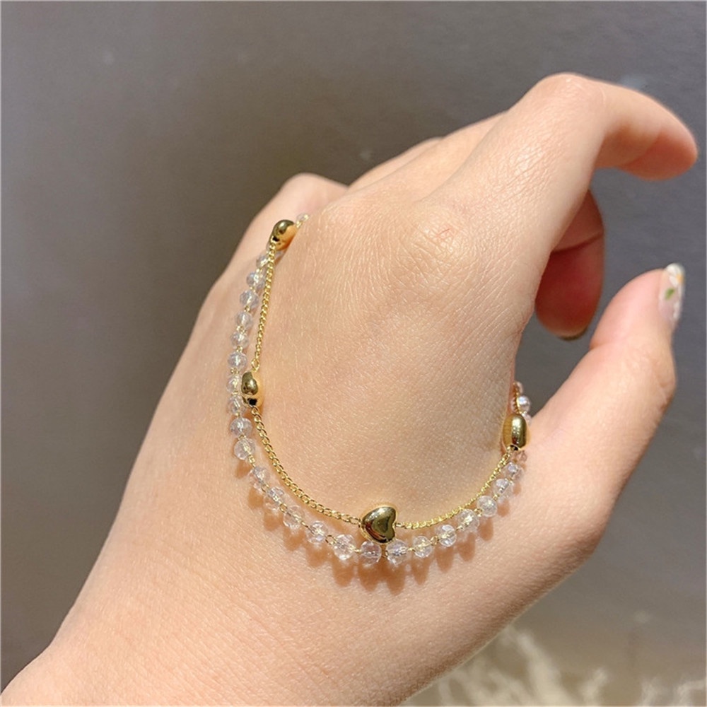 Korean Temperament Sweet Golden Love Double-layer Gelang Rantai Pacar untuk Wanita