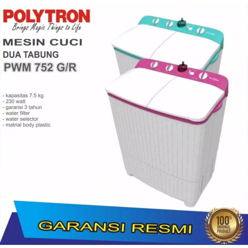 Polytron mesin cuci 2 tabung 7,5 kg PWM 752