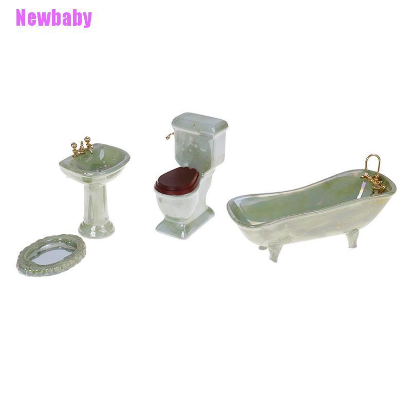 Newbaby Mainan Miniatur toilet + Wastafel Bahan Porselen Warna Hijau Untuk Aksesoris Rumah Boneka 1: 12