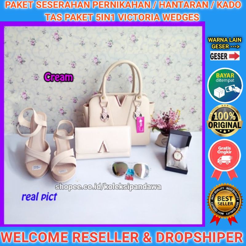 TAS SENDAL WEDGES PAKET SESERAHAN PERNIKAHAN JAM TANGAN DOMPET WANITA KACAMATA SANDAL WEDGES WANITA 