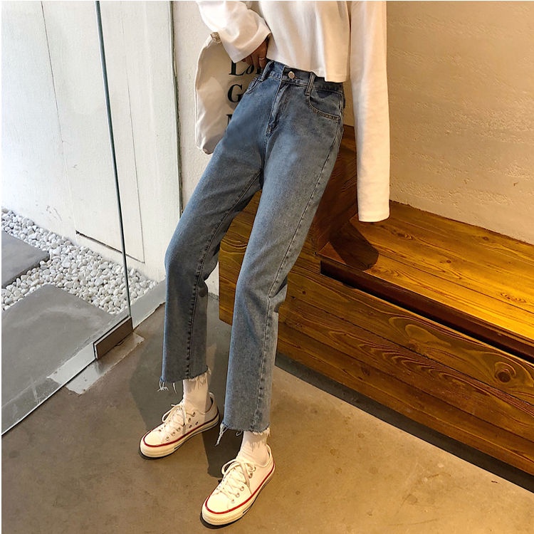 Retro pinggang tinggi longgar lurus denim gadis mahasiswa celana lebar kaki serbaguna jeans