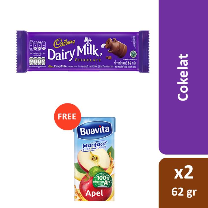 

Cadbury Dairy Milk 2x62gr +[Free] Buavita Juice Apel