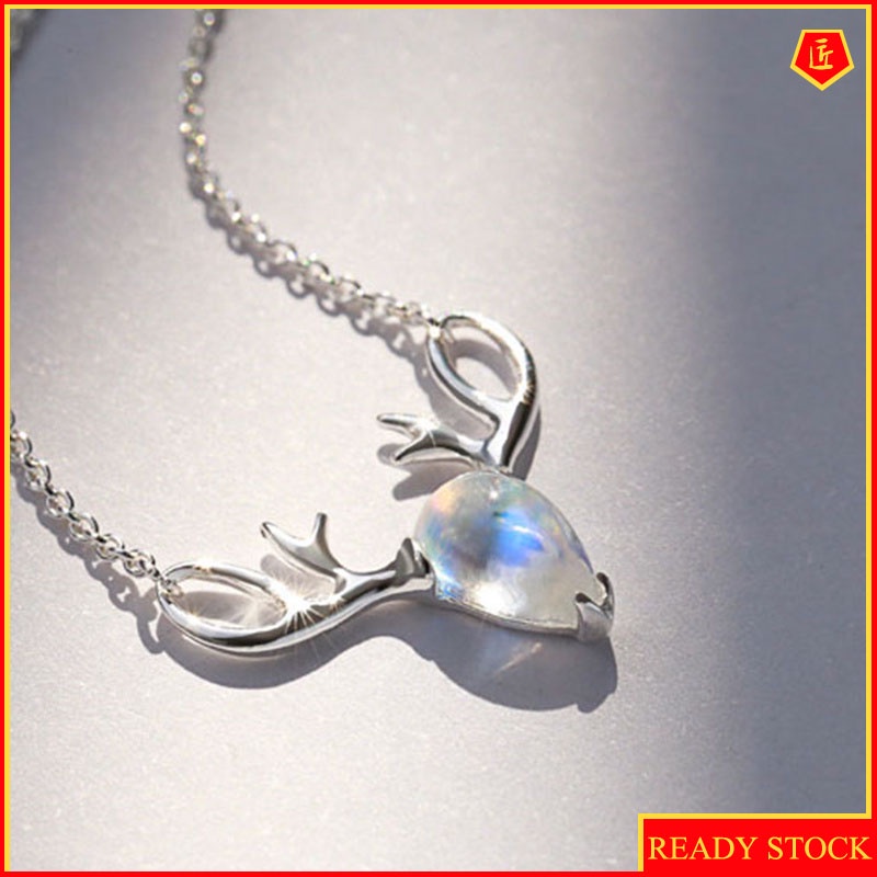 [Ready Stock]Korean Style Simple Moonstone Elk Necklace Women 925 Silver Niche