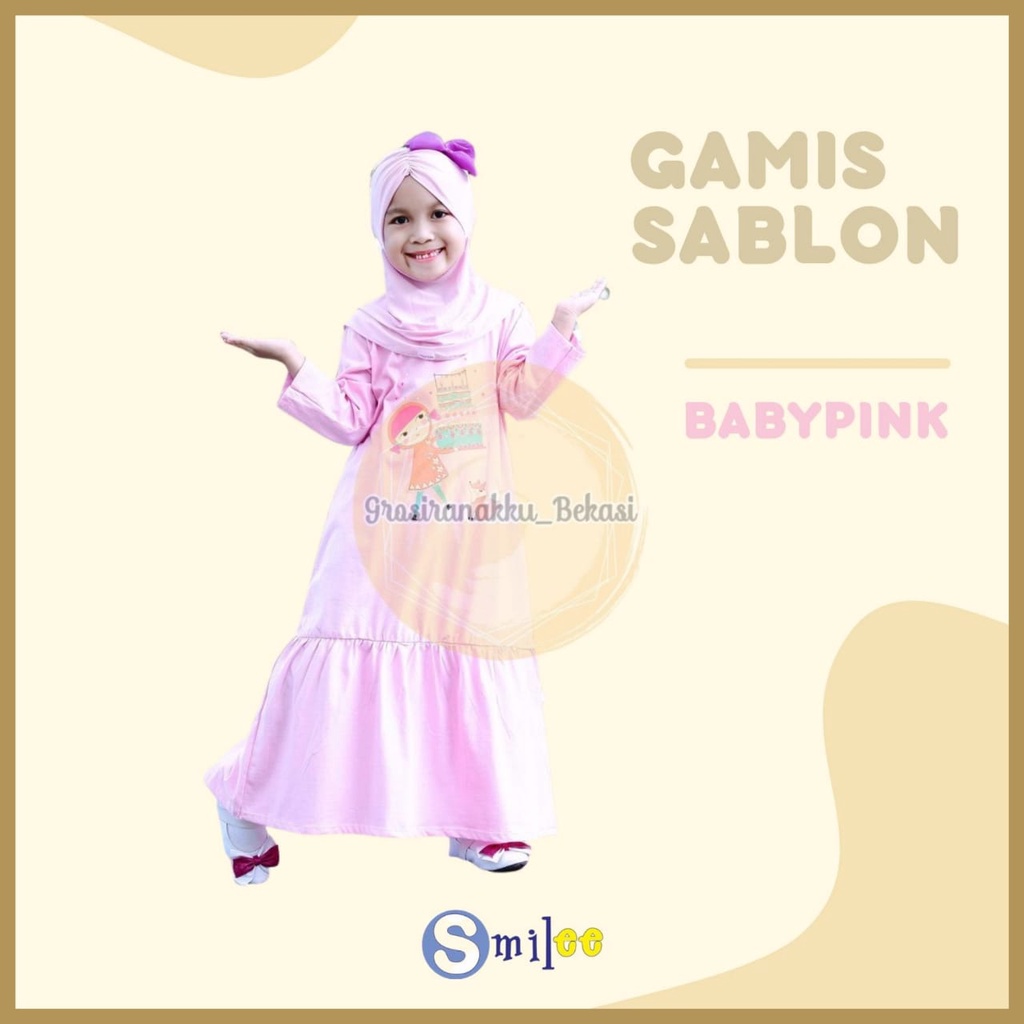 Gamis Kaos Anak Aplikasi Sablon Warna Babypink Size 2-8Tahun