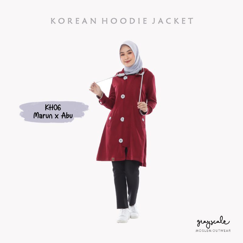 jaket Wanita Muslimah Maroon Kancing Abu Korean Hoodie KH-06
