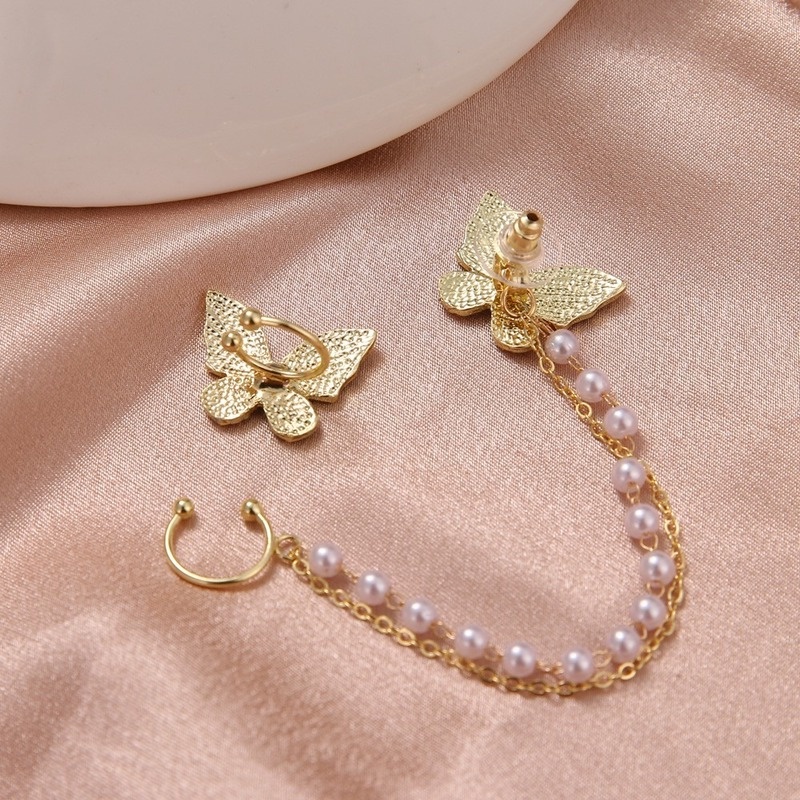 New style Korean asymmetrical pearl tassel butterfly earrings ear bone clip