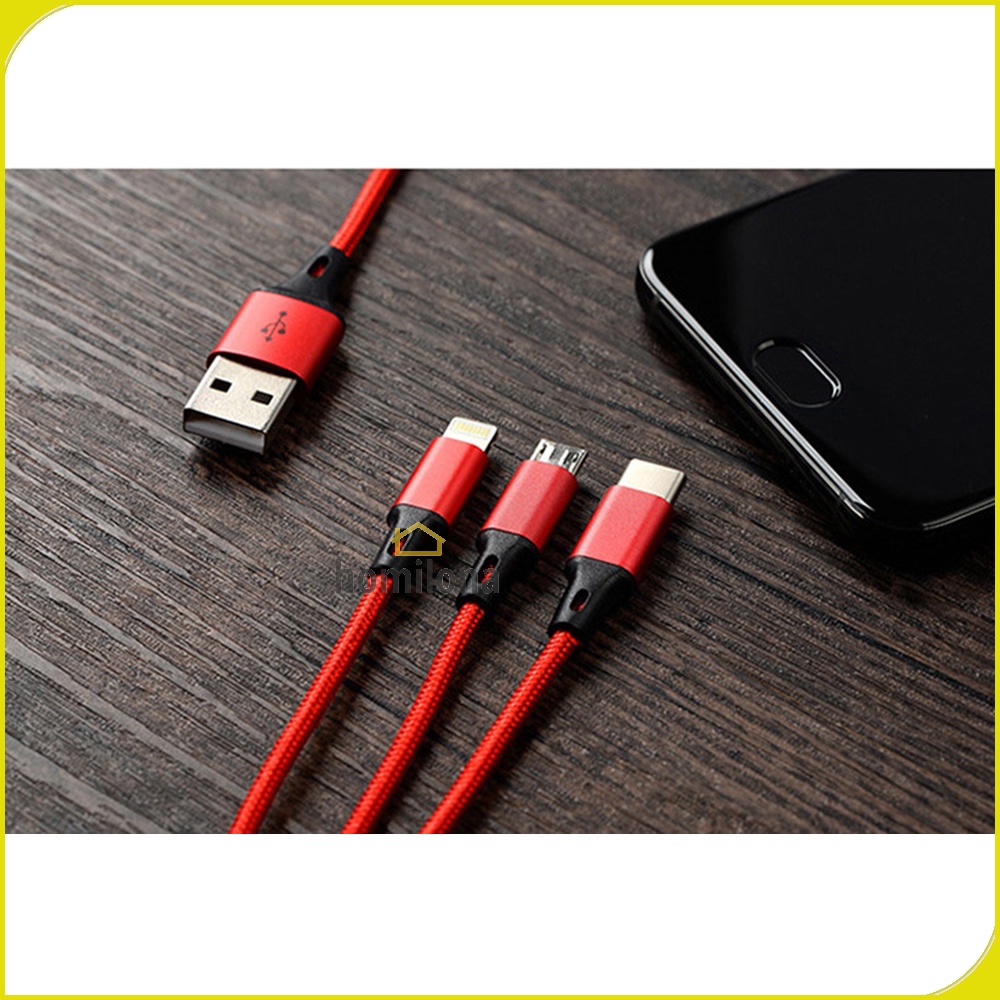 Kabel Charger 3in1 Micro USB + Lightning + USB Type C 1.2 m - US186 - Black