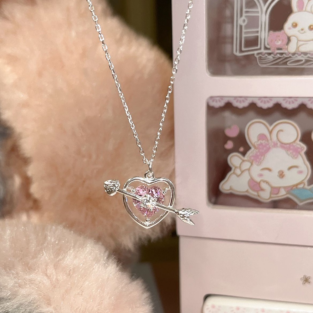 1 Pc Kalung Rantai Choker Liontin Hati Panah Menembus Berlian Pink Untuk Wanita