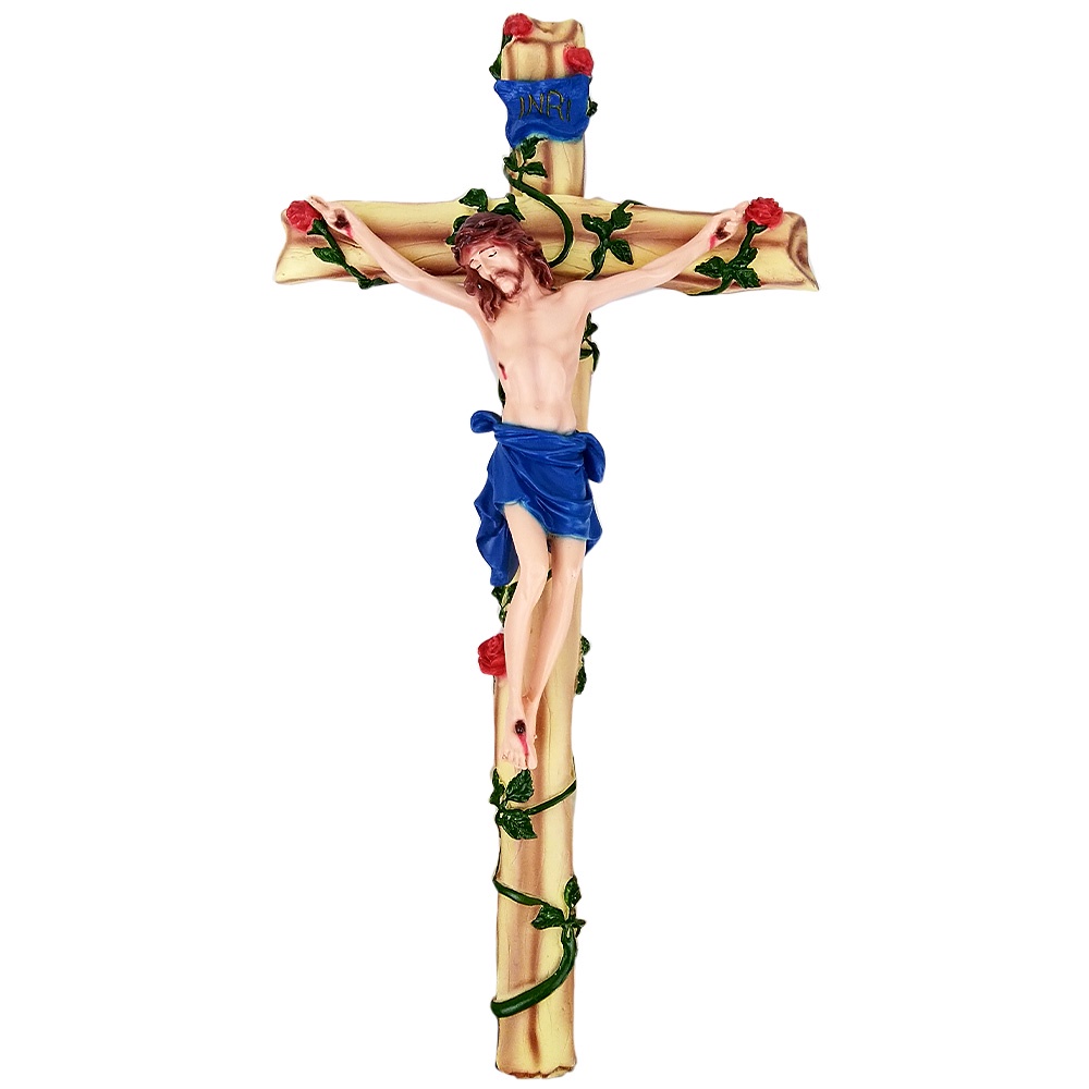 Salib Dinding Gantung Motif Bunga Mawar Corpus Patung Tubuh Yesus Inri 40 cm