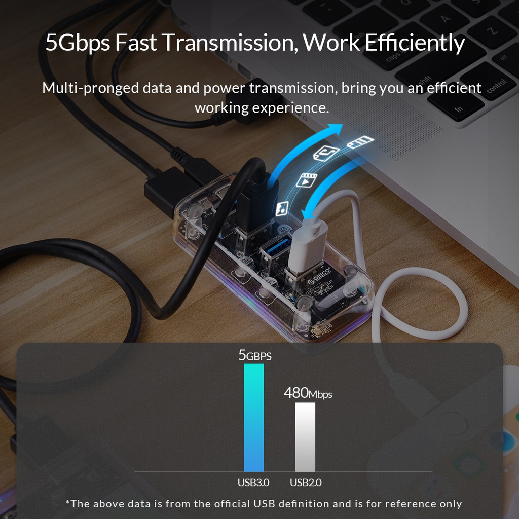 Usb-A 3.0 hub orico 4 Port mini Transparent 5Gbps with Micro usb power f4u-u3 - Terminal usb3.0 transparan 4 slot