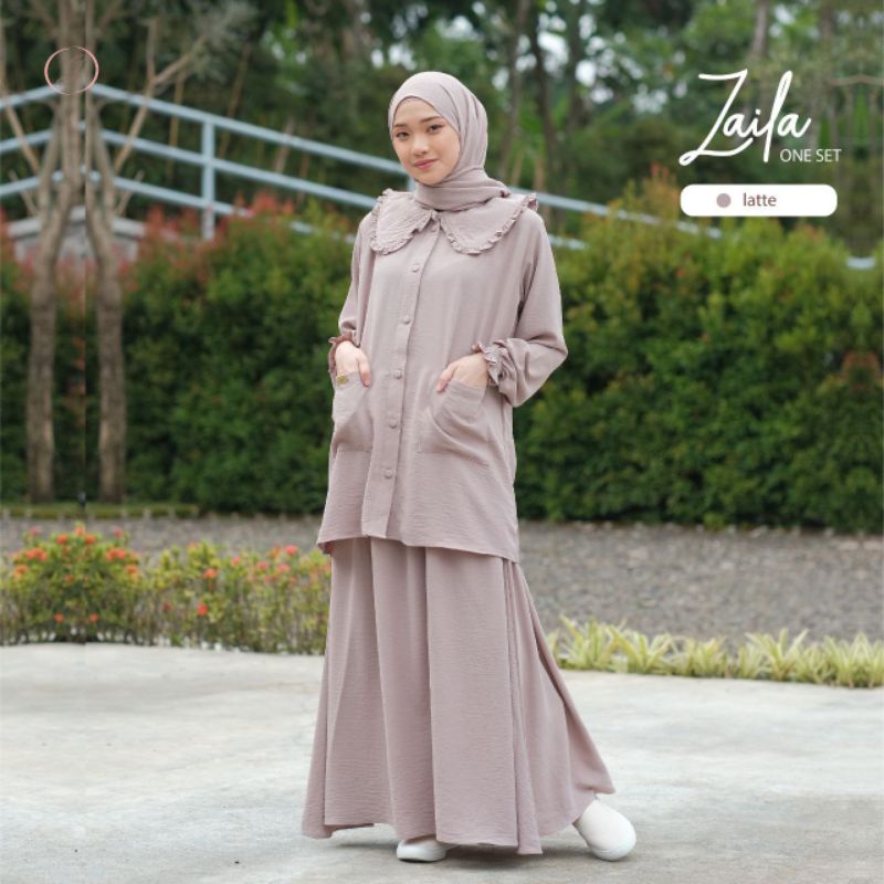 READY Zaila one set by gerai aliyah - set tunik dan rok bahan crinkle tanpa hijab denaf.outfit
